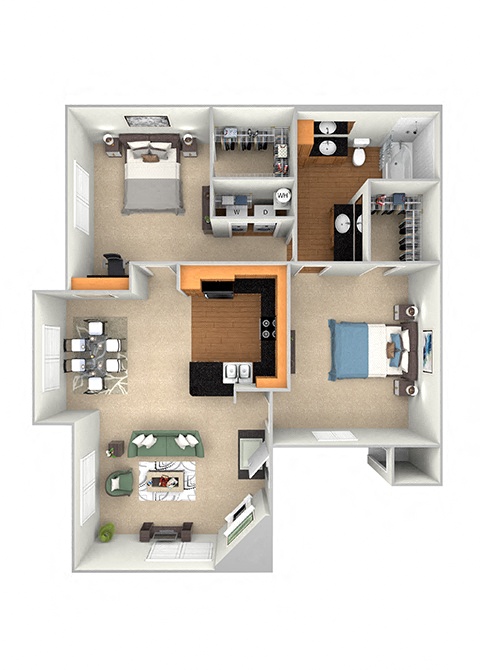 Floor plan for 2 beds, 1 bath, 993 sqft